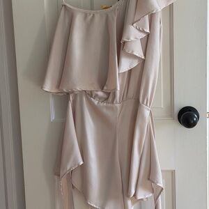 Planet Blue Champagne Satin One-Shoulder Ruffle Jumpsuit romper